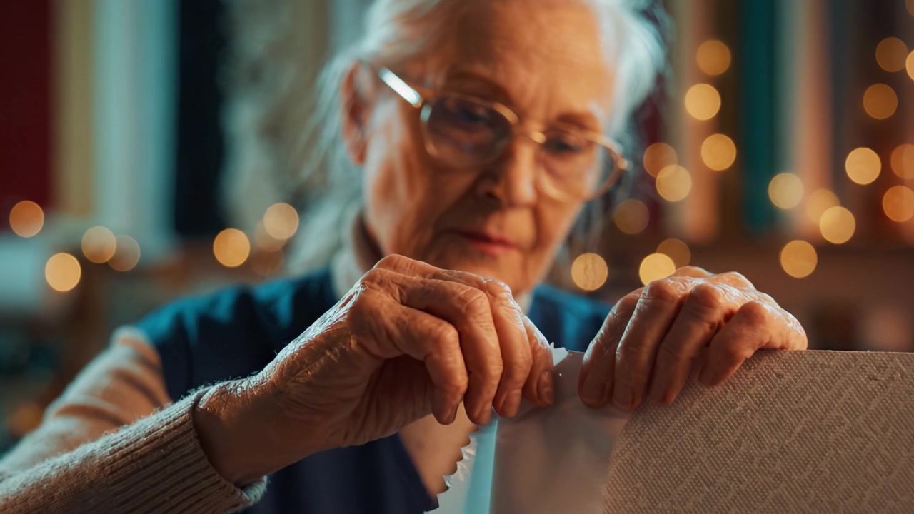 An Elderly Woman Concentrates on Unfolding Paper Amidst Soft Background Lights, Capturing a Moment of Reflection and Craftsmanship in a Cozy Setting