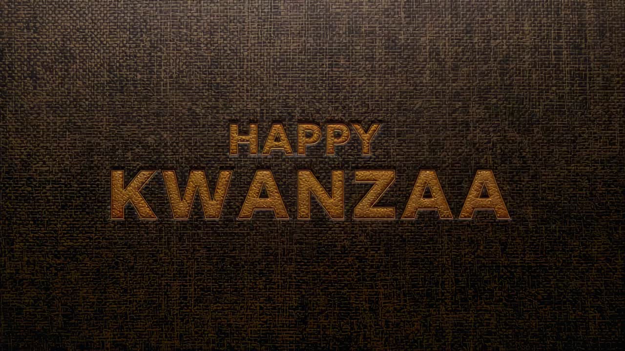 Animating embossed HAPPY KWANZAA deepening, edging on woven canvas with gold sheen to reveal card