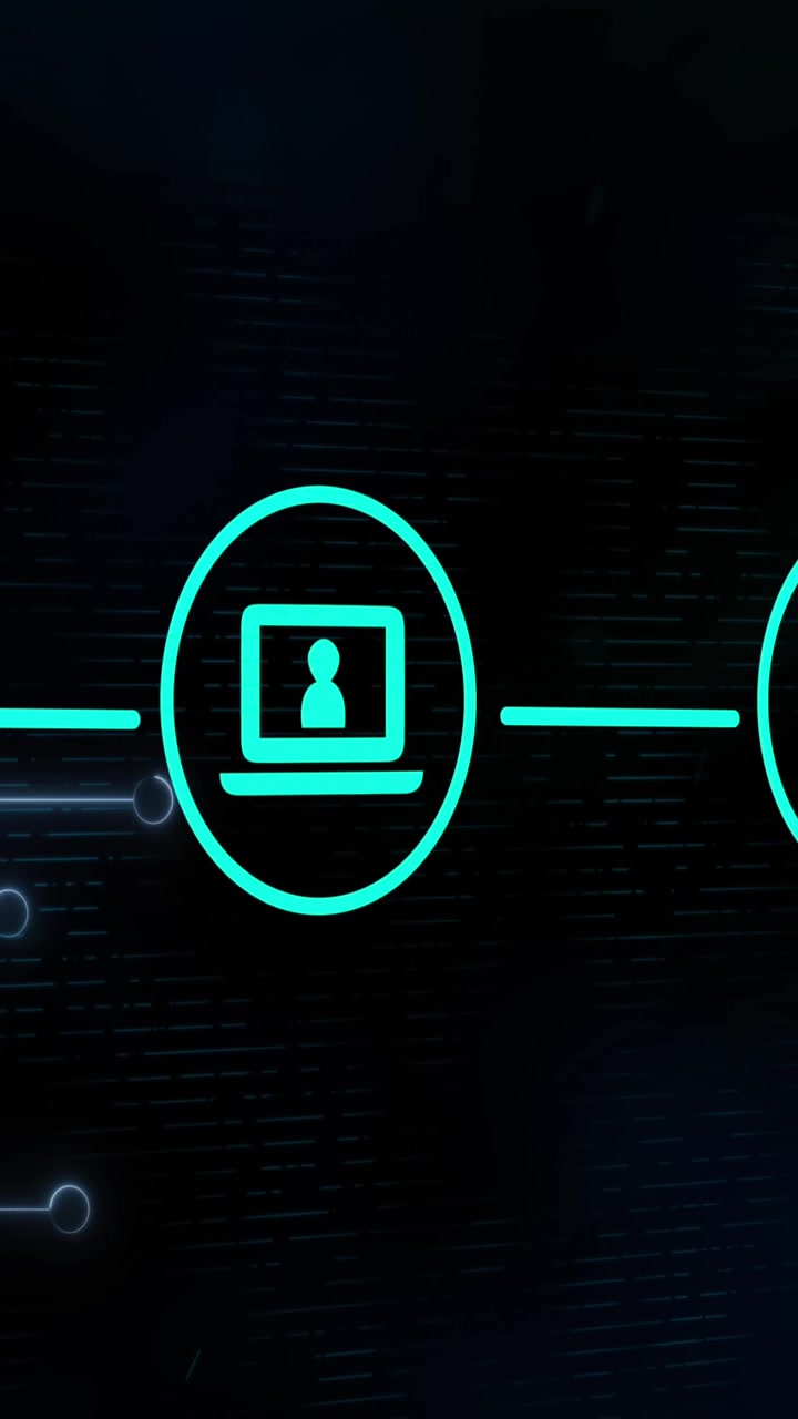 Three green digital icons with a computer interface on a glowing blue background