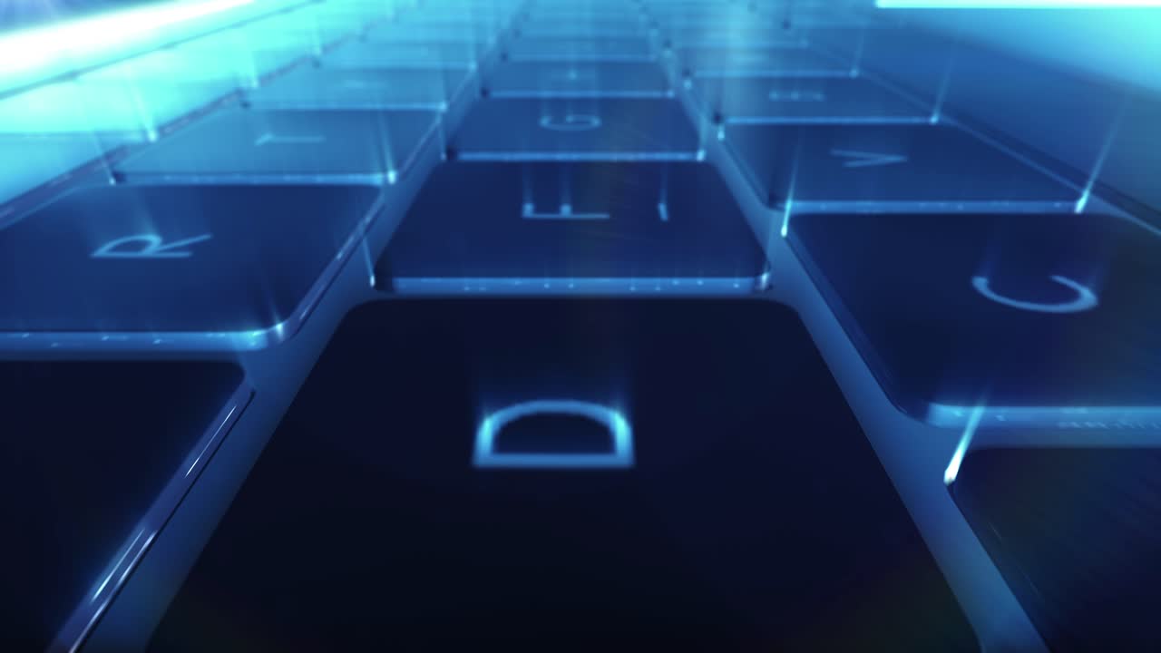 Close-up of a futuristic blue illuminated computer keyboard