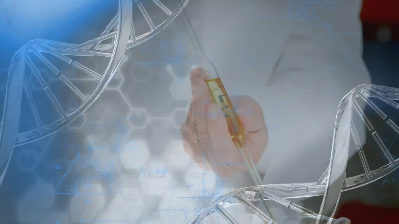 dna 가닥을 회전시키는 애니메이션과 과학자에 대한 수학적 공식