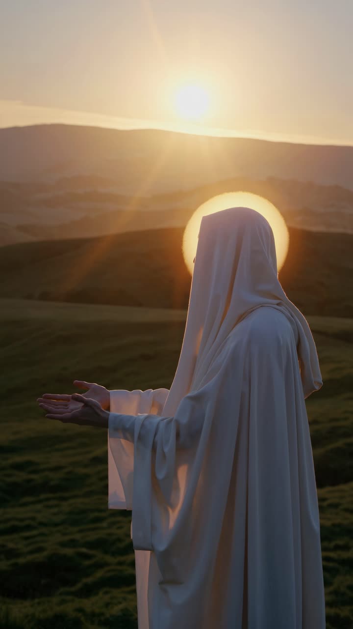 A serene, spiritual scene at sunset, featuring a cloaked figure with halo effect