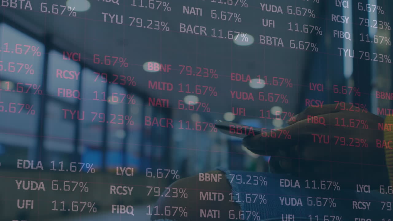 Stock market data processing against mid section of person using smartphone