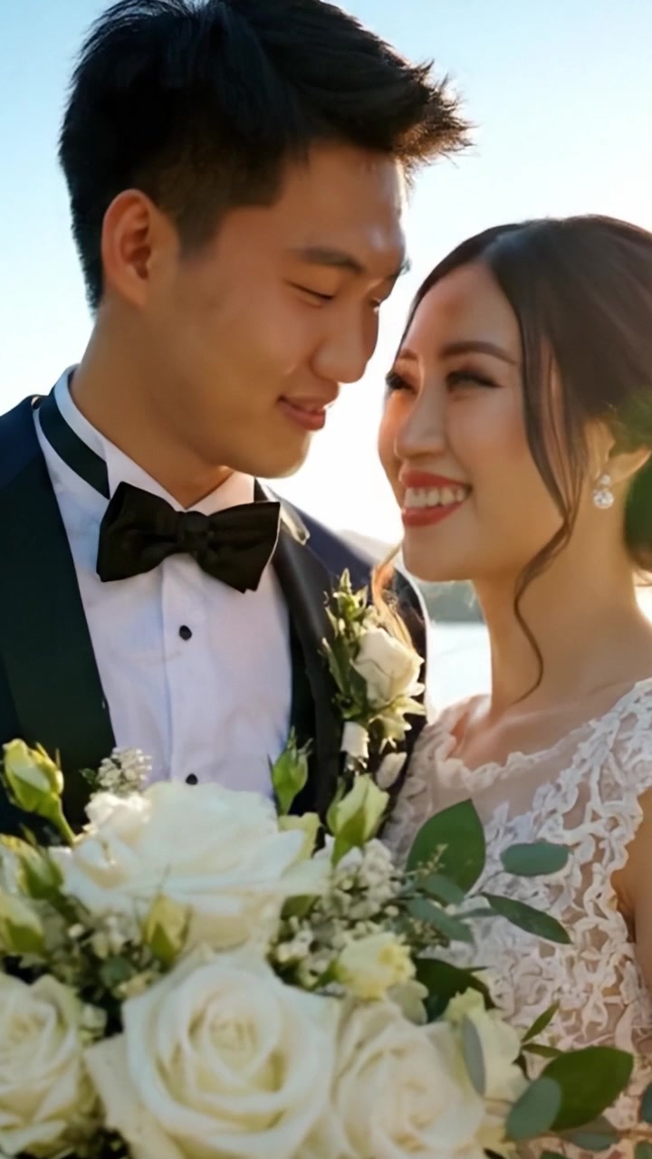 喜びあふれる結婚式の瞬間：息をのむような夕焼けを背景に、美しい花束を手に、お互いの瞳を愛情深く見つめ合うカップル。