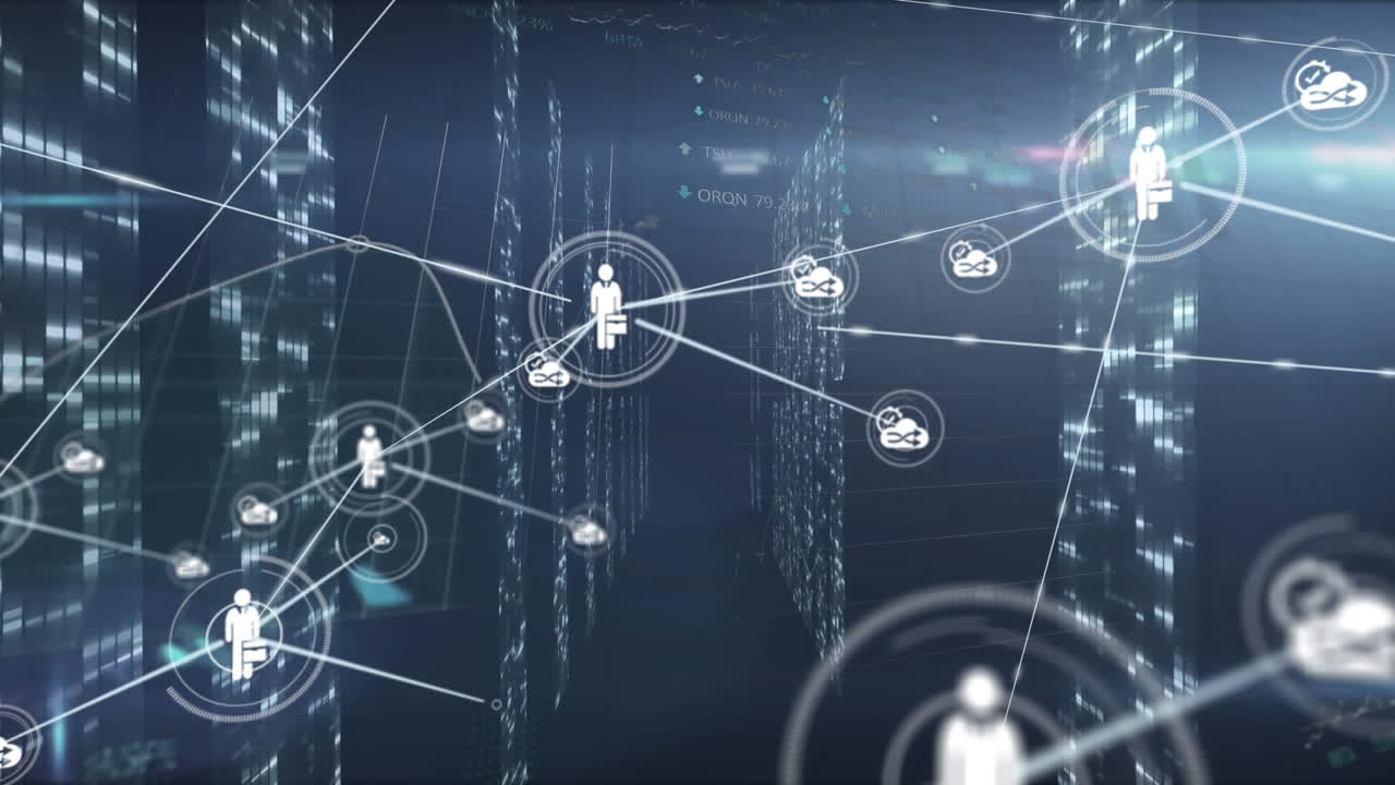 Animation of network of connections and diverse data over black background