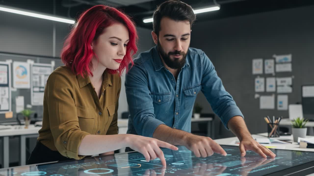 Collaboration in a Modern Workspace: Two Professionals Engaging with Interactive Technology and Touchscreen Display for Innovative Solutions