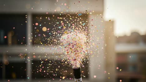 a vibrant eruption of colorful confetti spraying from a party popper against a blurred background, celebrating joy and festivity in every sparkling particle
