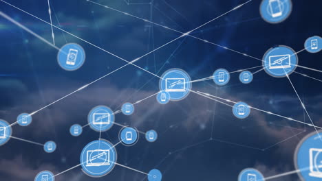 animación de una red de iconos digitales contra nubes en el cielo azul