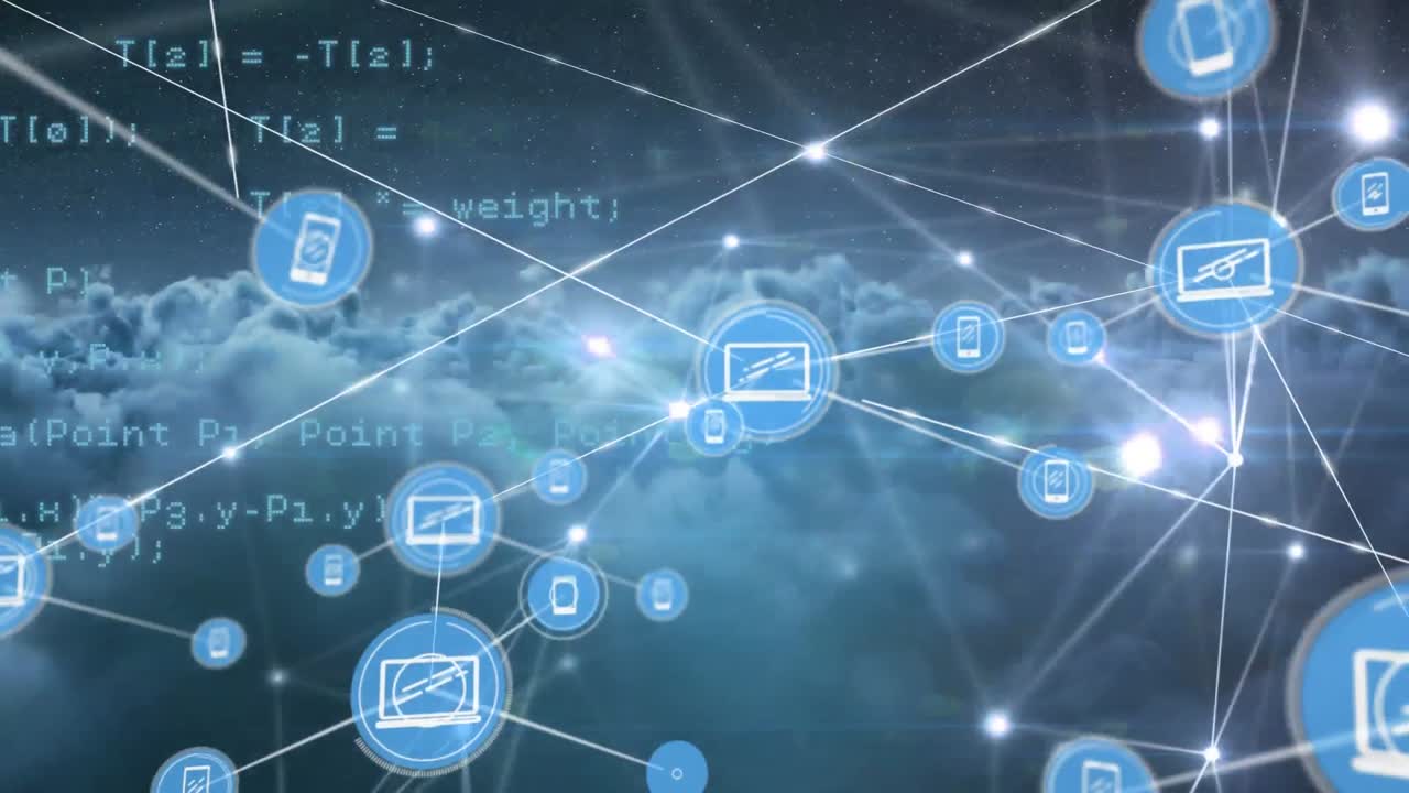 Web of connection icons and data processing against blue sky
