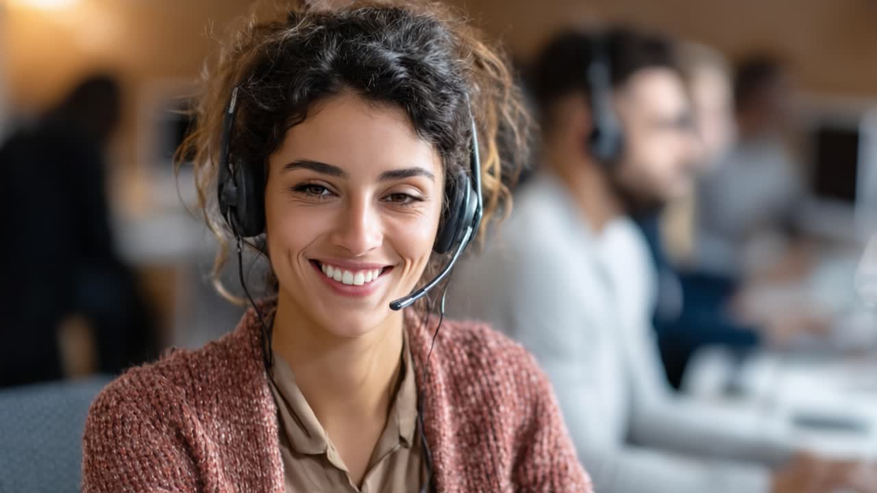 A confident and friendly customer service representative provides excellent support while wearing a headset, showcasing a positive attitude in a modern office environment focused on teamwork and communication