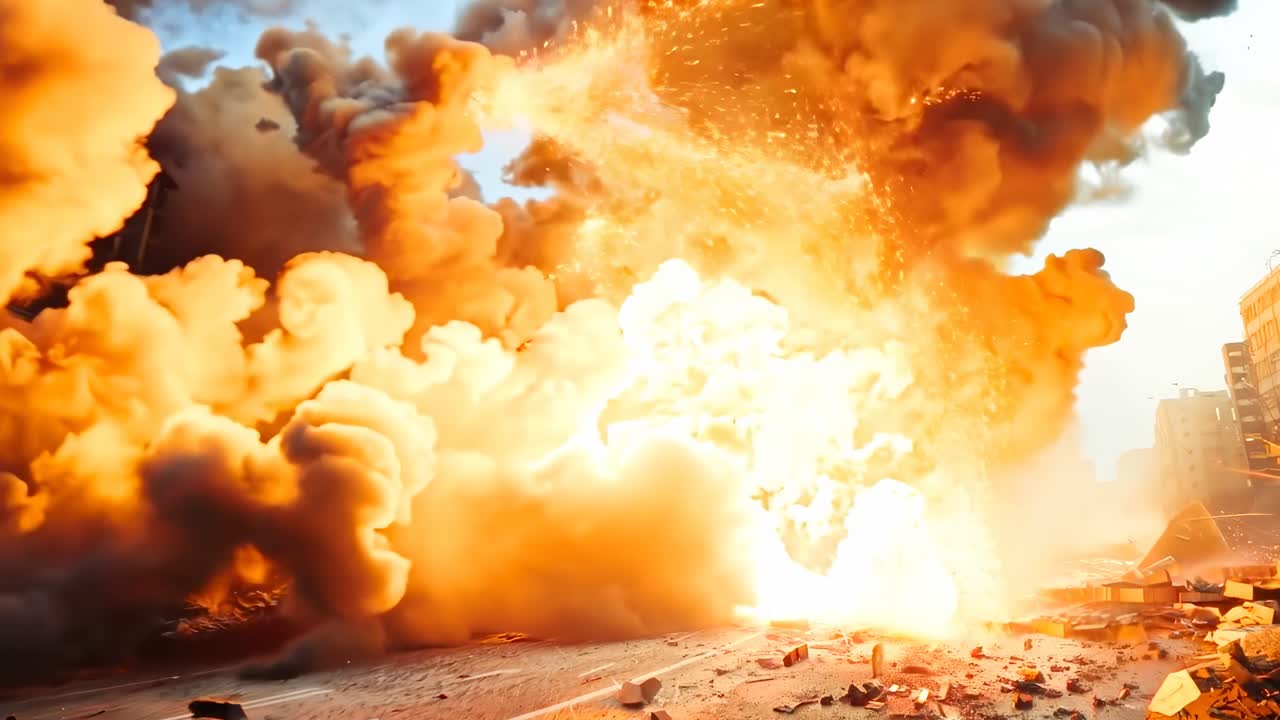Dynamische Untersicht einer Stadtexplosion, die Trümmer und Flammen dramatisch und filmreif einfängt