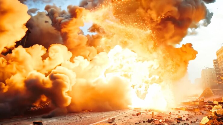 Dynamic low-angle shot of a city explosion, capturing debris and flames in a dramatic, cinematic