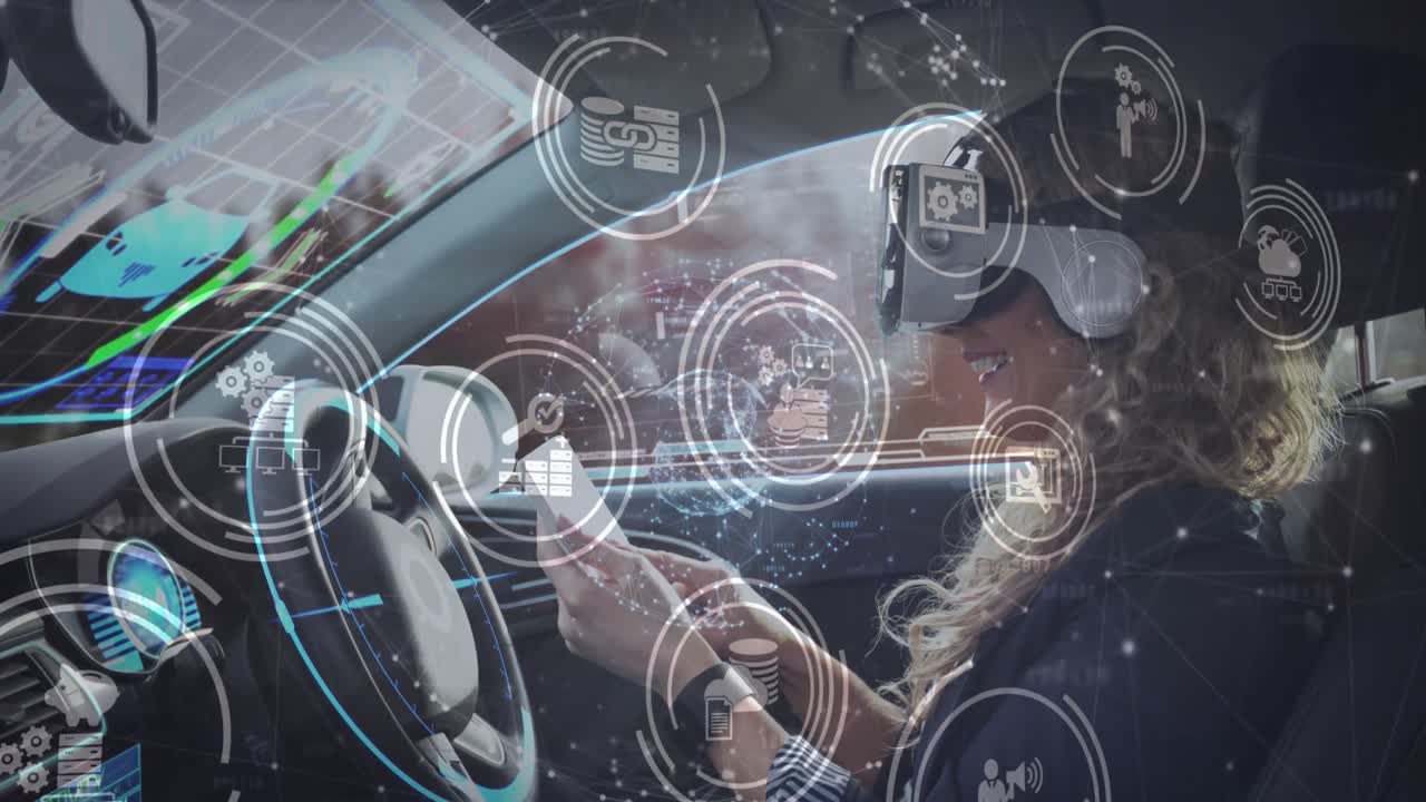자율주행 자동차에서 스마트폰을 사용하여 vr 헤드 ⁇ 을 착용한 여성과 함께 정보 디스플레이의 애니메이션