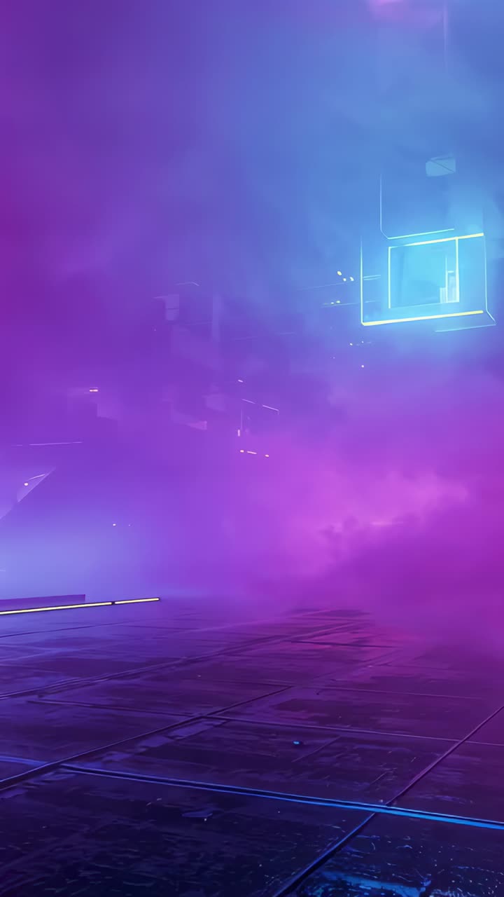 Vertical video: Panning camera showing cyan neon frame centering on set with purple haze, wet floor