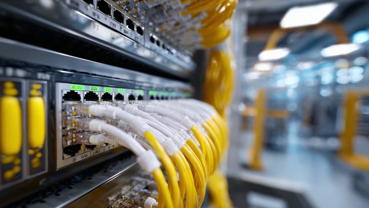 Network Infrastructure with Yellow Fiber Optic Cables Connecting to Switches - Detailed Close-up of Data Center Technology in Modern Communication Systems