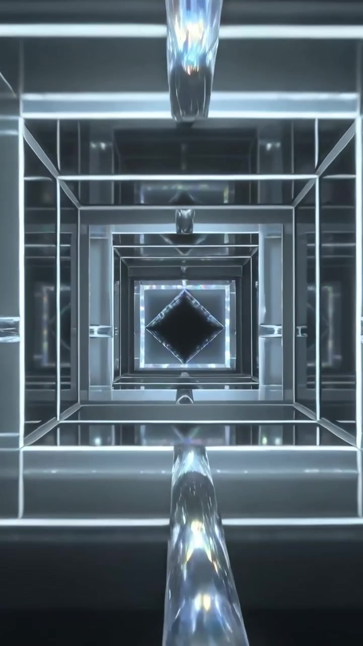 Vertical video: Entering liquid moving inside metal glass frames toward diamond void creating flow