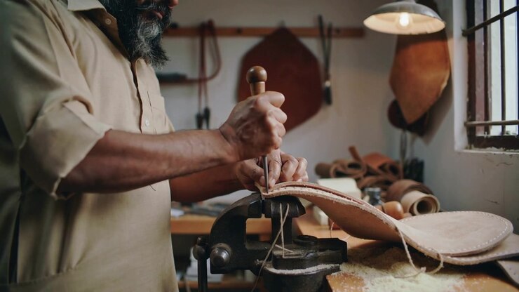 Clamping leather, bearded cobbler wearing beige shirt punching awl along sole at bench stitching