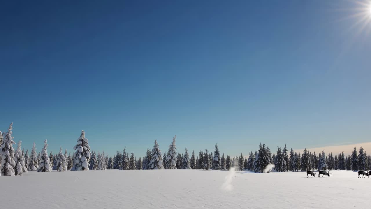 Wide-angle video frame capturing a serene winter landscape with snow-covered trees under a clear