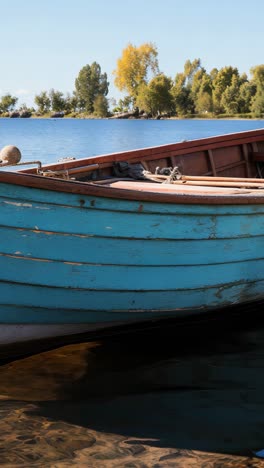 a tranquil blue boat anchored in calm waters near lush trees at sunset