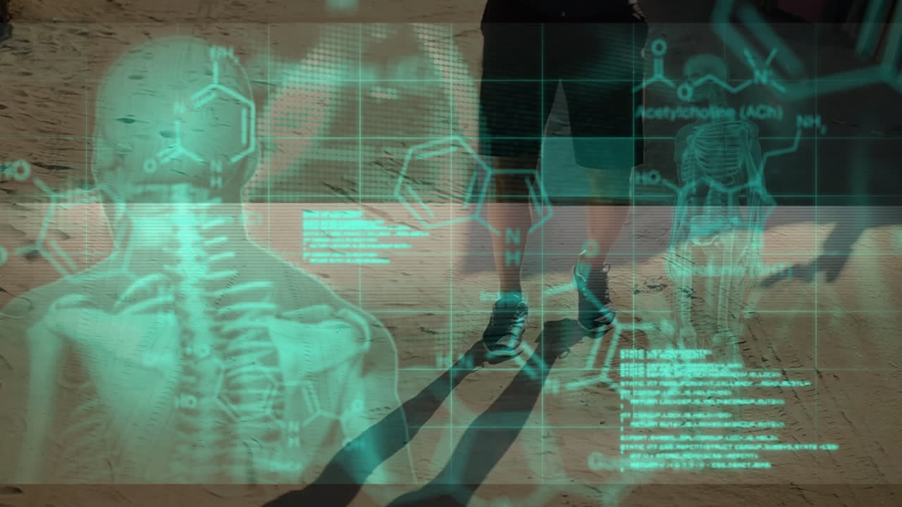 animación de pantalla con datos científicos y silueta humana sobre las piernas de un hombre caucásico corriendo