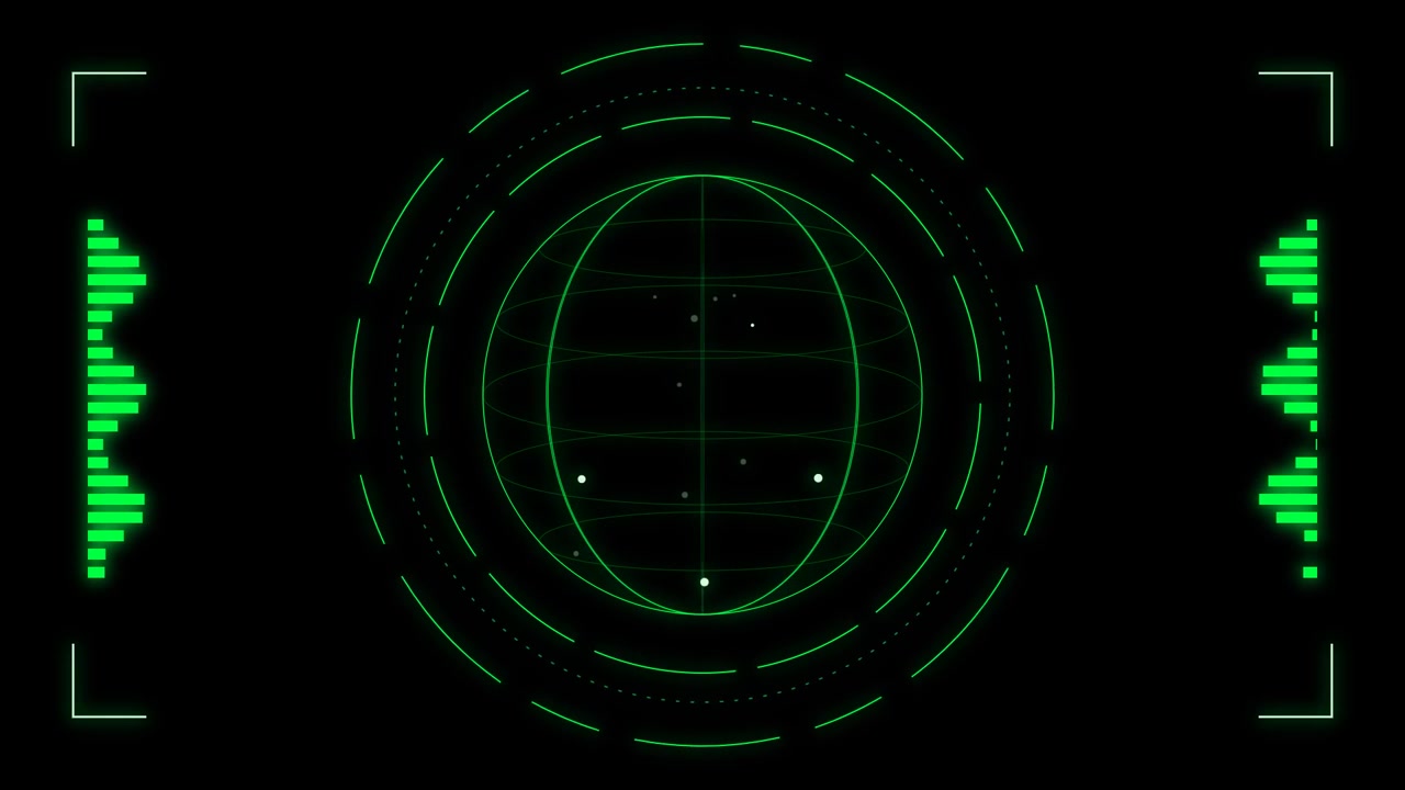 Interfaccia digitale con globo verde ed elementi HUD