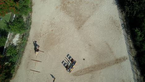 aerial angle captures a rider appearing quickly and executing jumps between three ground bars with trainer watching