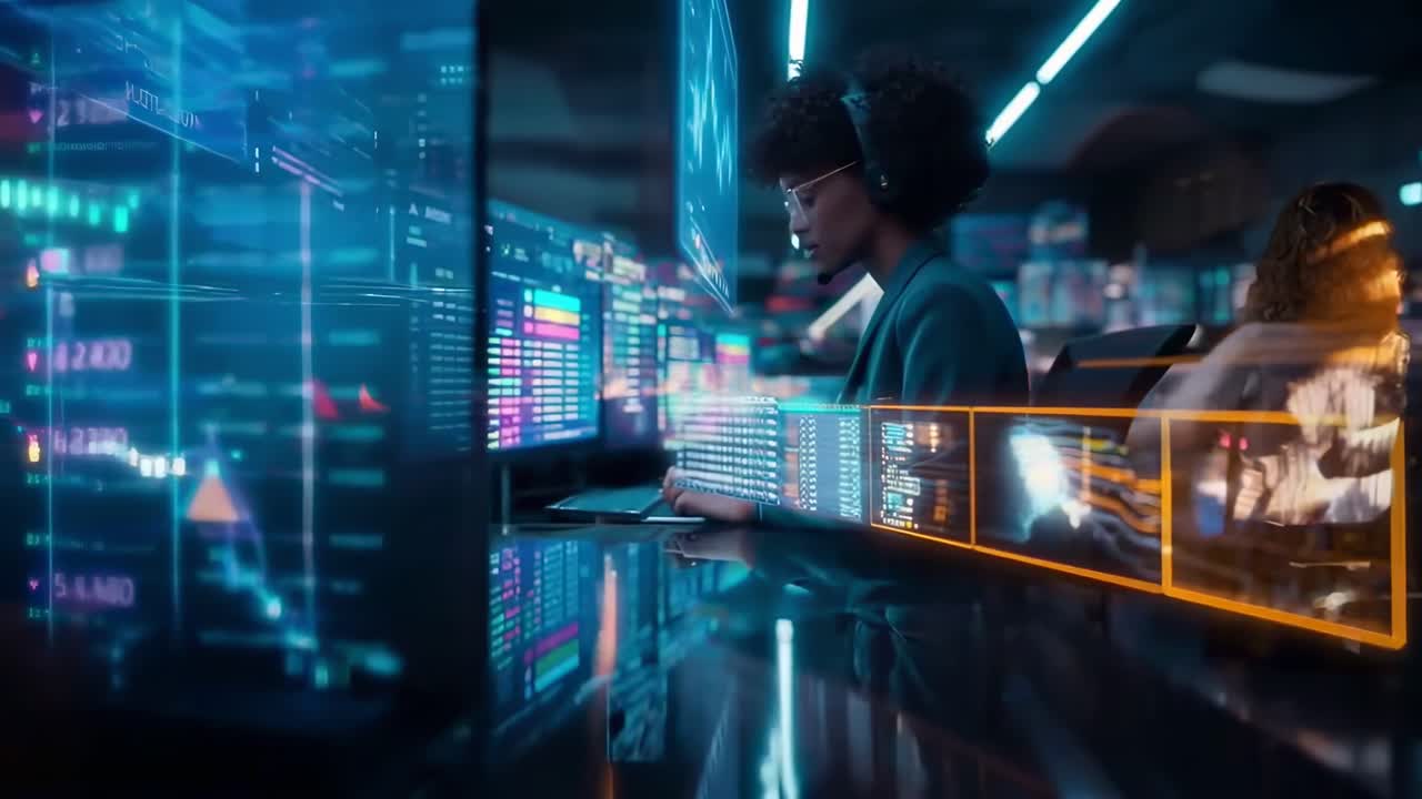 Futuristic trading floor video with a side angle view of a person analyzing digital data