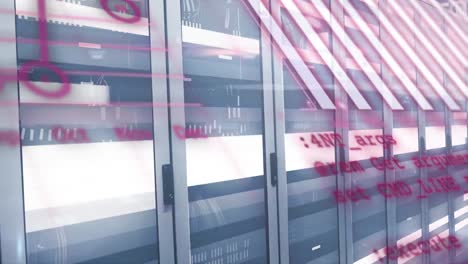 animación de gráficos, globos y lenguaje informático contra la sala de servidores en segundo plano