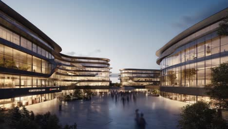modern architectural buildings and plaza at dusk