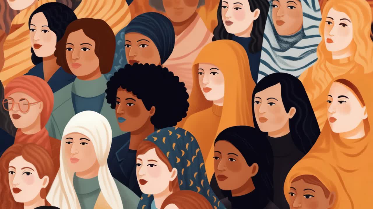 Illustration of diverse women in a crowd, viewed from a slightly elevated angle, showcasing unity