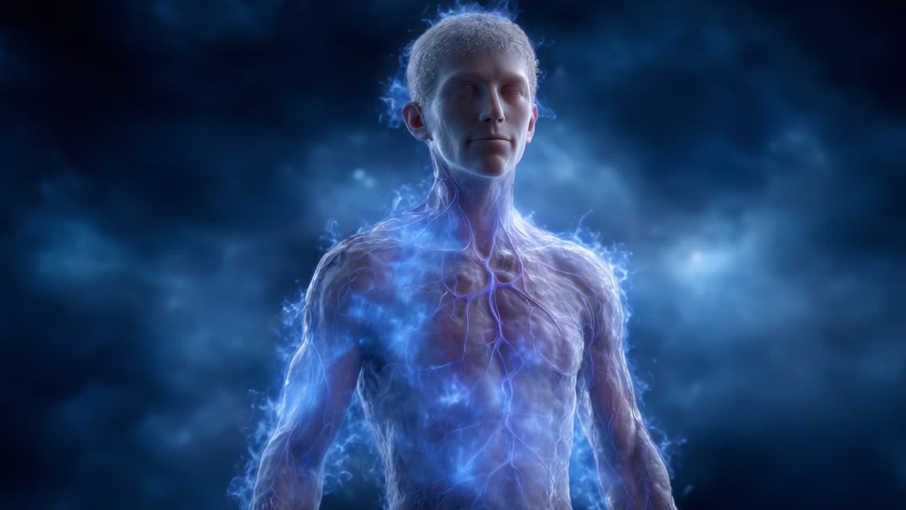 A Mystical Representation of Human Energy and Vitality with Glowing Electric Tendrils illuminating the Body, Set Against a Dark Ethereal Background