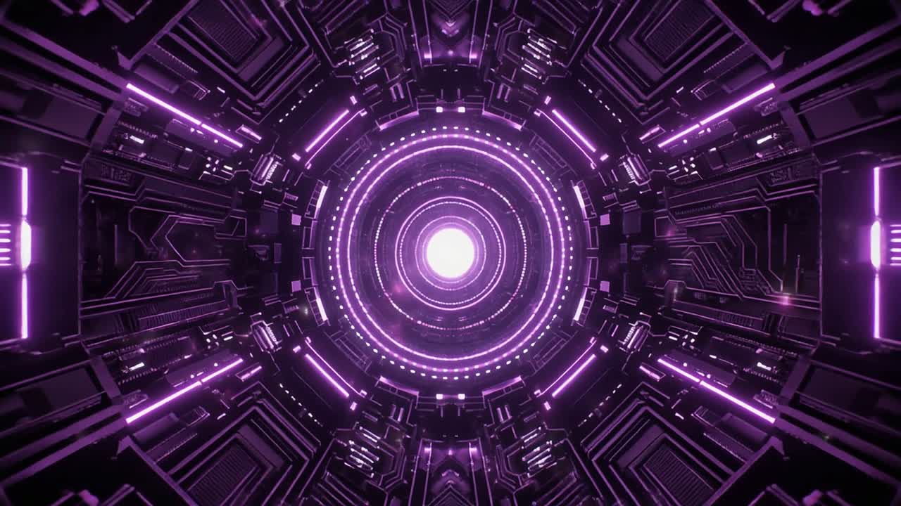 Volare attraverso un tunnel digitale futuristico viola neon