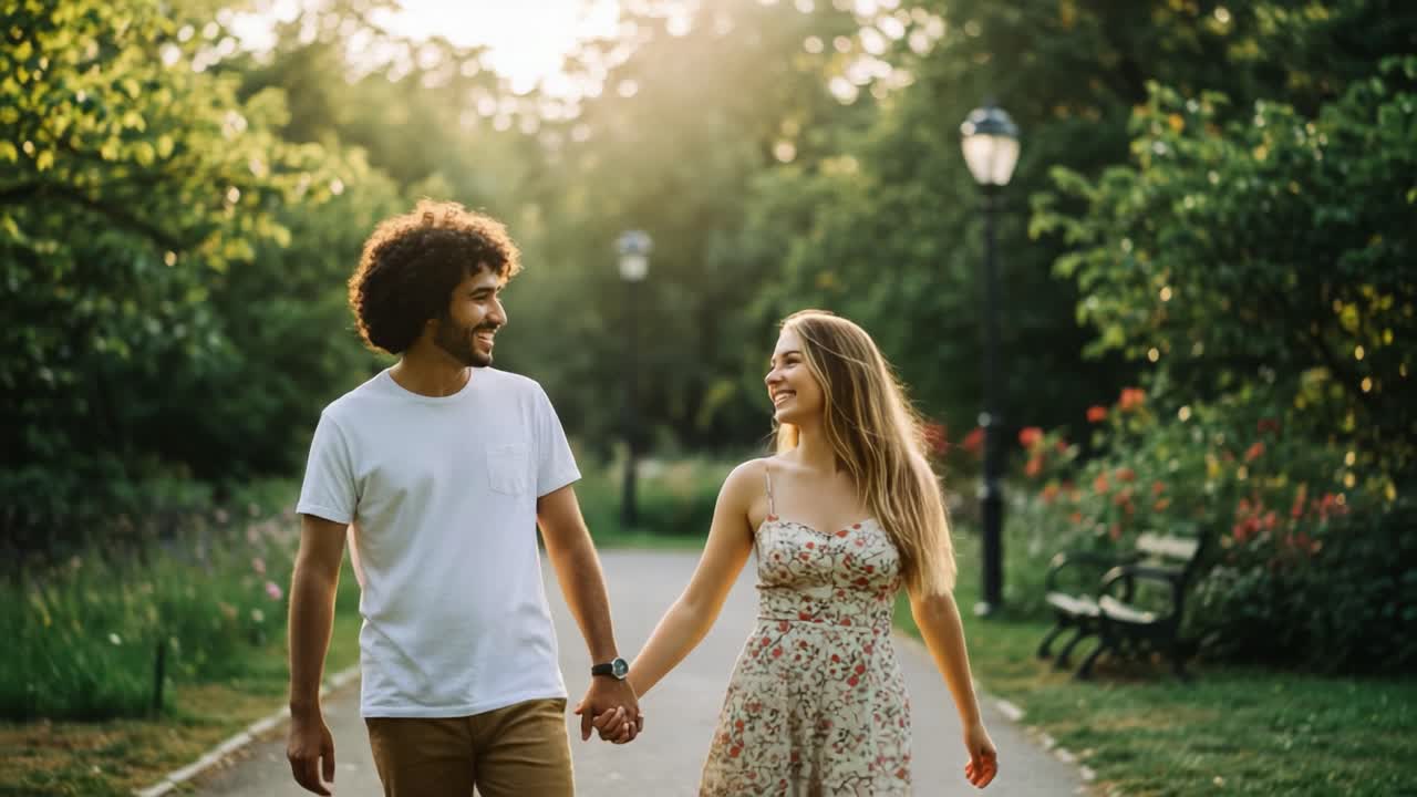 A Joyful Stroll Through Nature: A Couple Enjoying a Heartwarming Moment Together Amidst Lush Greenery and Warm Sunlight in a Serene Park Setting