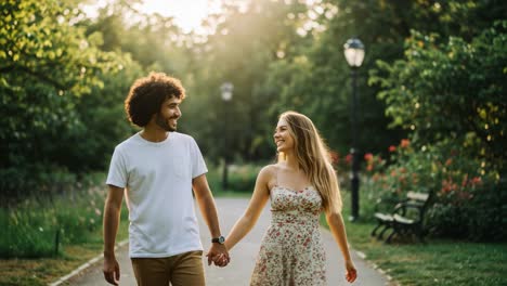 a joyful stroll through nature: a couple enjoying a heartwarming moment together amidst lush greenery and warm sunlight in a serene park setting