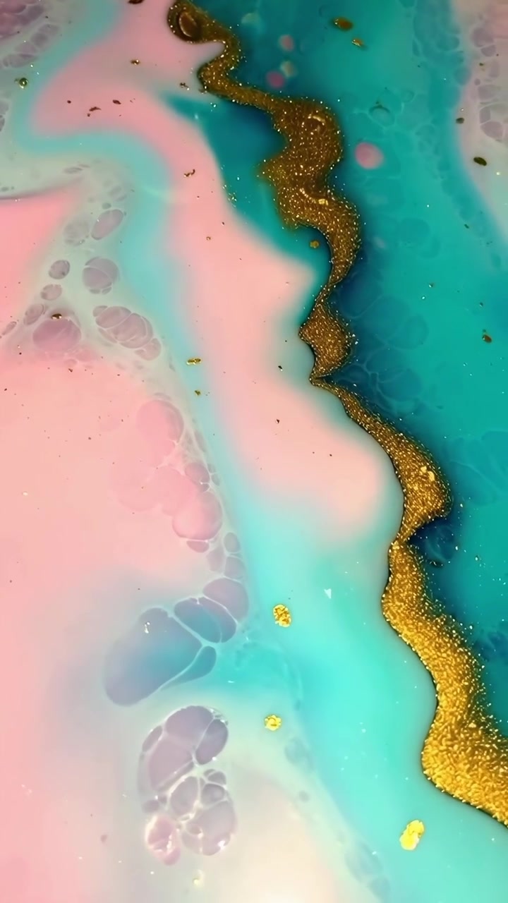 Arte fluida vorticosa con glitter rosa, blu e oro