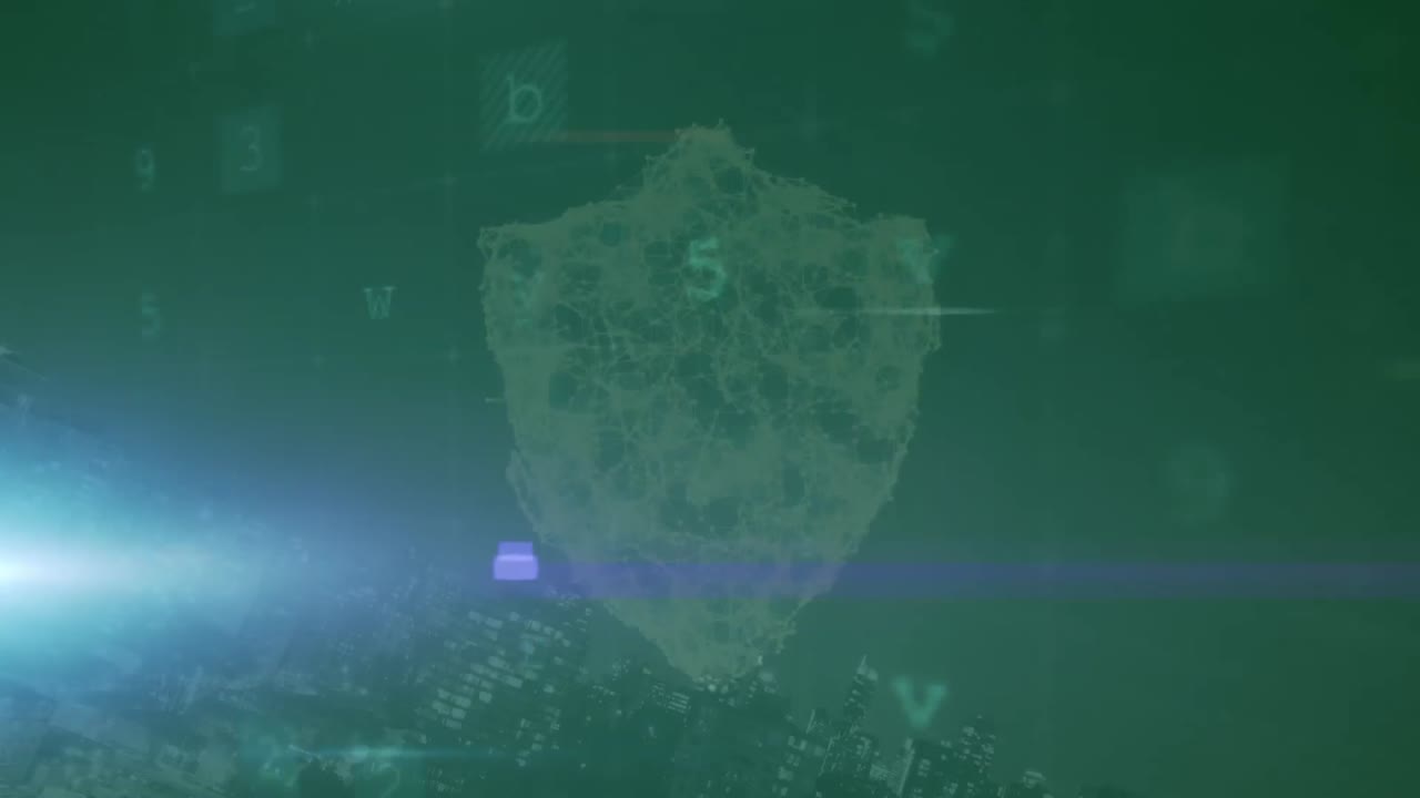 Animation of lights, scanning, warning and digital shield in green space