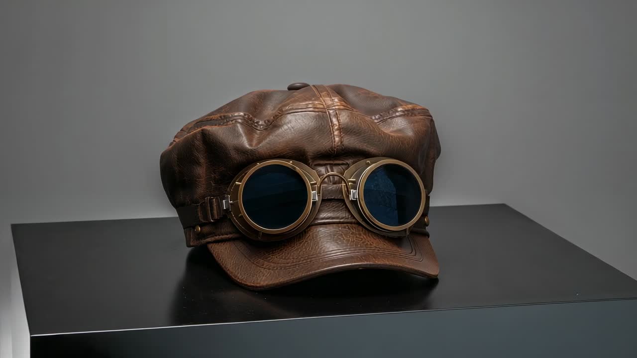 Timer starting camera panning aviator cap with goggles on plinth in grey corner, revealing creases