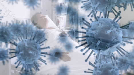 animación azul del virus de la corona con un hombre enfermo en el fondo