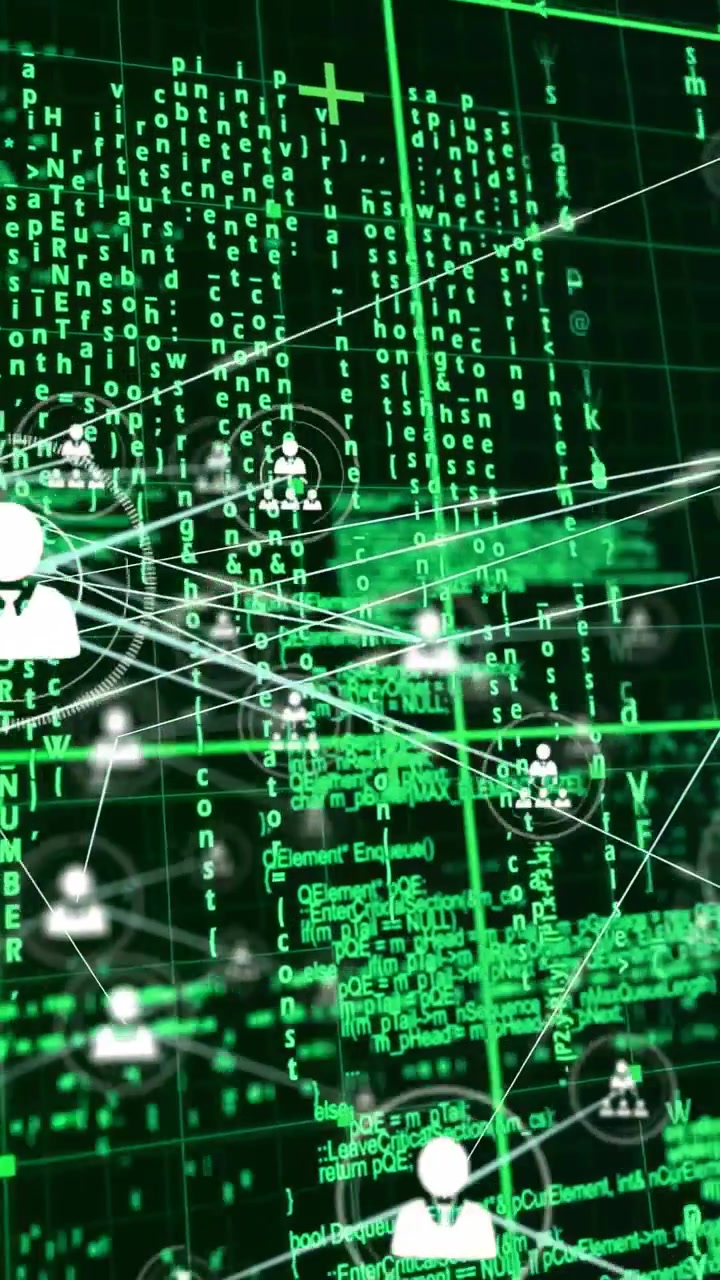 Vertical video: User nodes emerging on code grid, ring activating links and mapping tech network