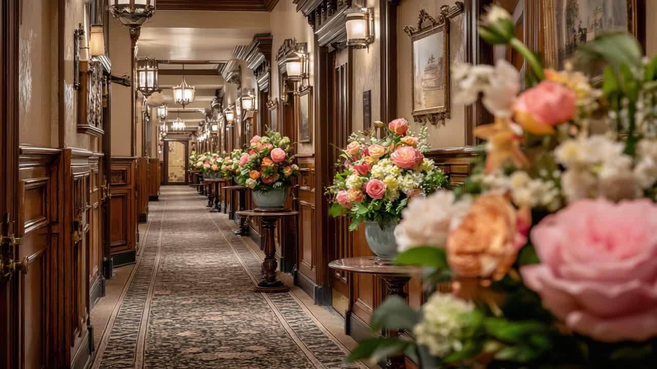 A Beautifully Decorated Hotel Corridor Filled with Elegant Floral Arrangements, Exuding a Charming Ambiance and Warm Welcoming Atmosphere for Guests and Visitors