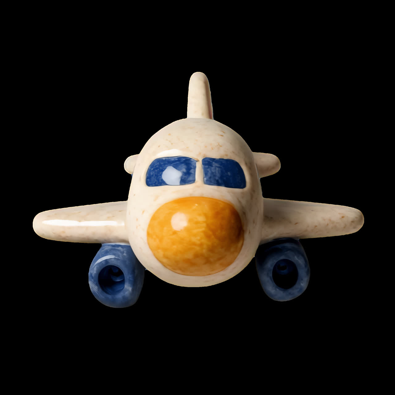 Ceramic toy airplane sculpture animation isolated asset, transparent 4K video, alpha channel, ProRes