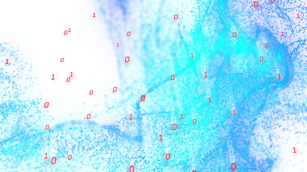 하 바탕에 파란 입자 네트워크 파동에 대한 이진 데이터의 애니메이션