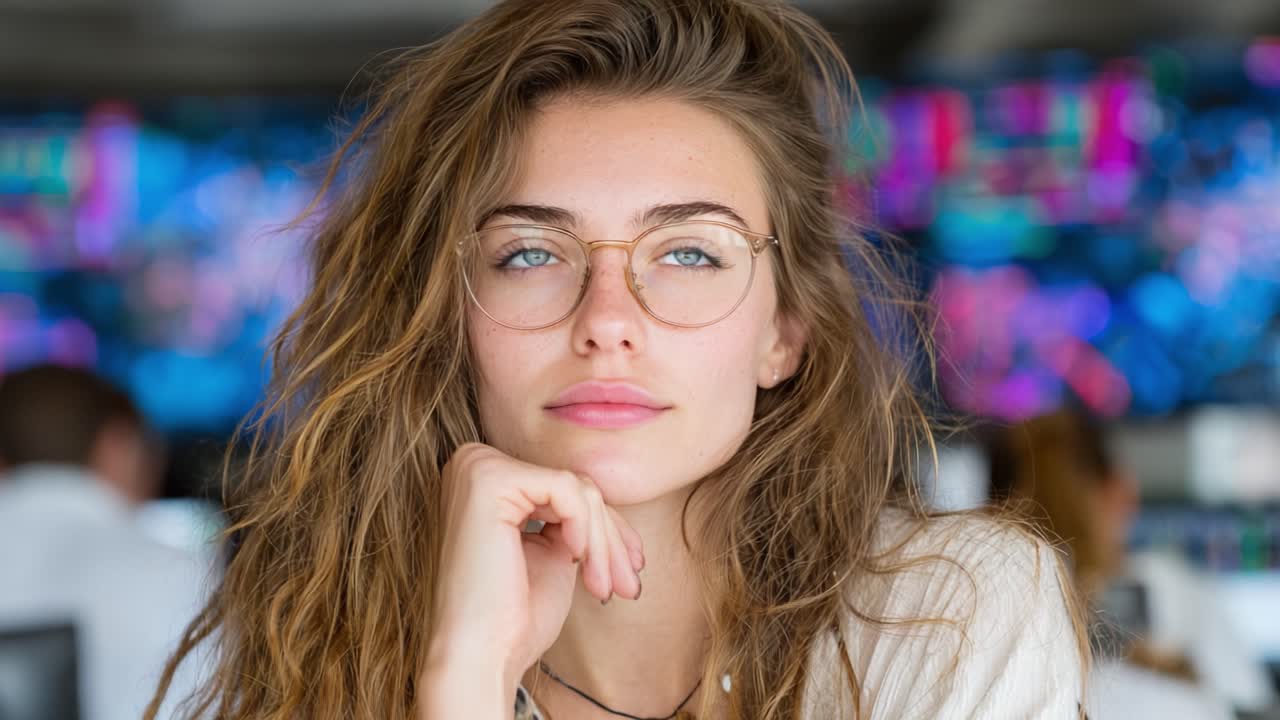 Contemplative Young Woman with Glasses and Wavy Hair in a Modern Workspace Surrounded by Colorful Digital Screens, Exuding Confidence and Focus