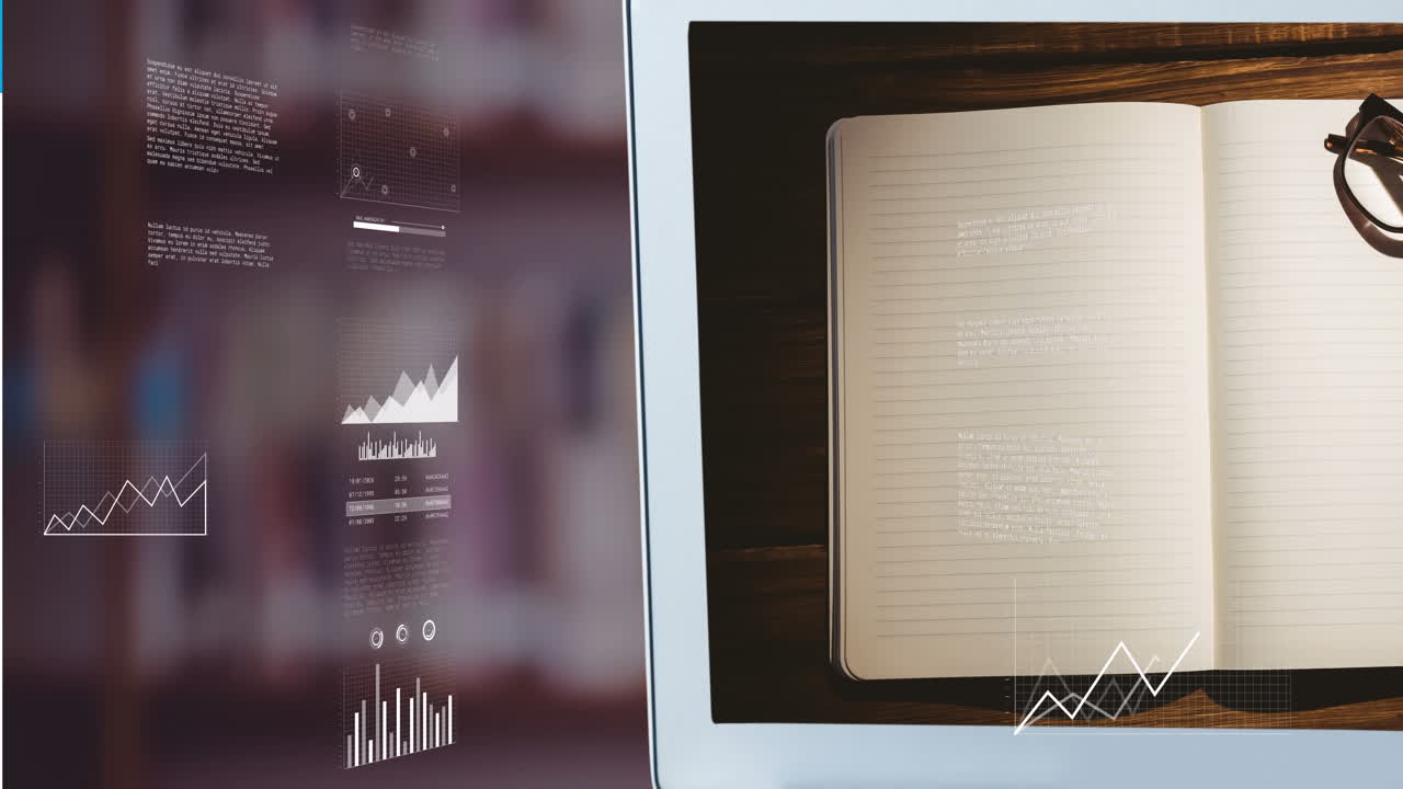 animación del procesamiento de datos estadísticos frente a un libro abierto en la pantalla de una tableta digital