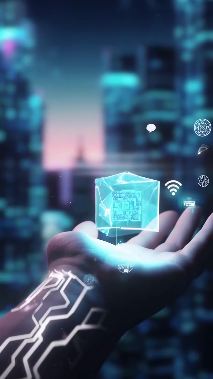 Digital Hand Holding Glowing AI Cube with Data and Network Icons
