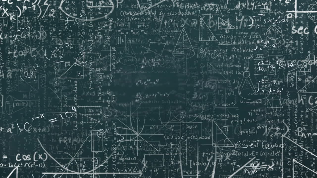 Animation of mathematical equation and diagrams over blackboard