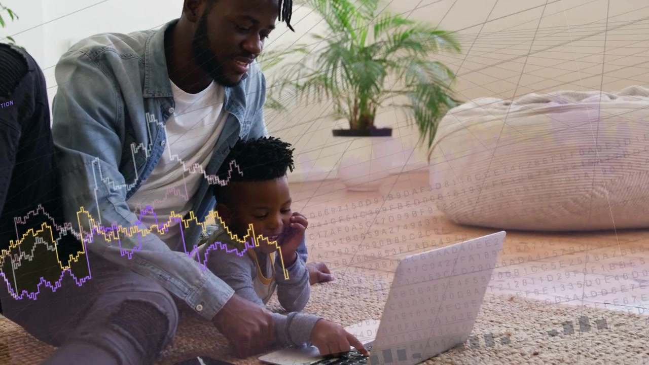 Dad opening laptop and guiding son for tech learning, son pressing keys while waveforms overlaying