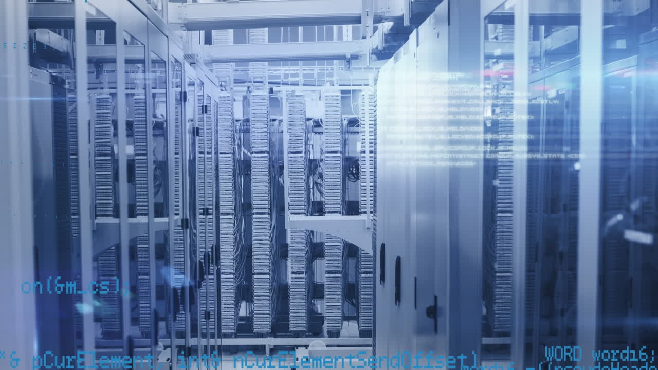 Animation of data processing and lights over servers