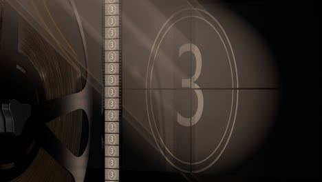 projector film and cinema screen with film reel and retro style countdown