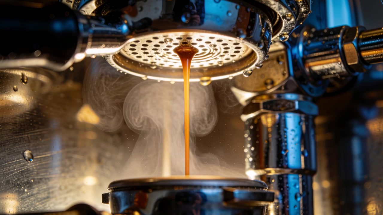 Pumping hot water pulling espresso stream into portafilter at counter, steam rising, crema forming
